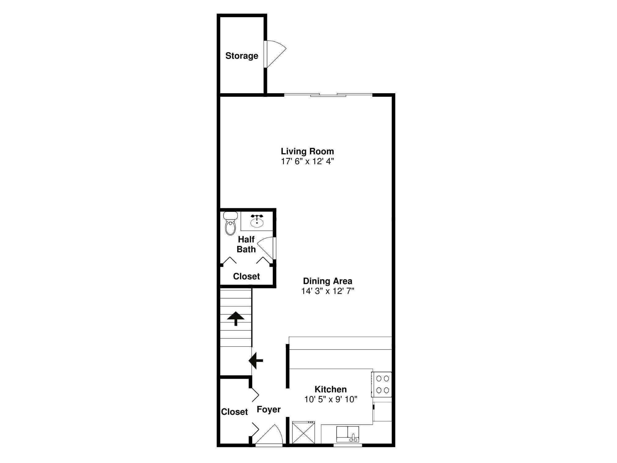 A floor plan with a living room, storage, dining area, kitchen, half bath, closet, and foyer.