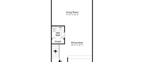 A floor plan with a living room, storage, dining area, kitchen, half bath, closet, and foyer.