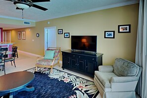 Condo, Multiple Beds, Kitchen, Ocean View (#1407 - No Pets Allowed) | Living area | 40-inch TV with cable channels