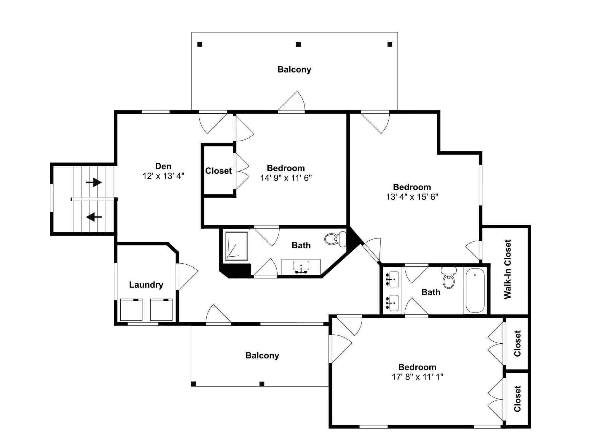 A floor plan with a balcony, two bedrooms, a bathroom, a laundry area, and a closet.