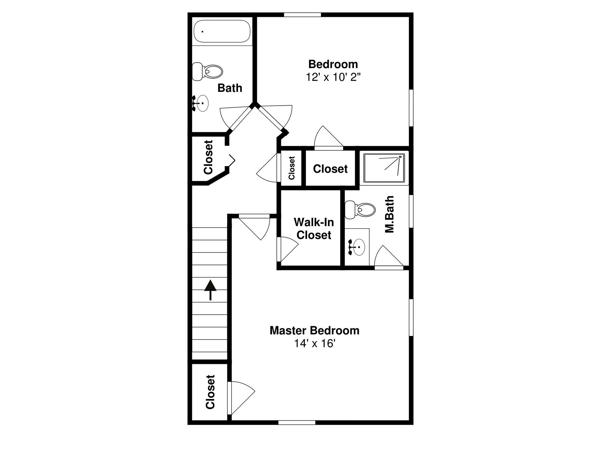 A floor plan with a master bedroom (14' x 16'), a smaller bedroom (12' x 10' 2"), a walk-in closet, and a master bathroom.
