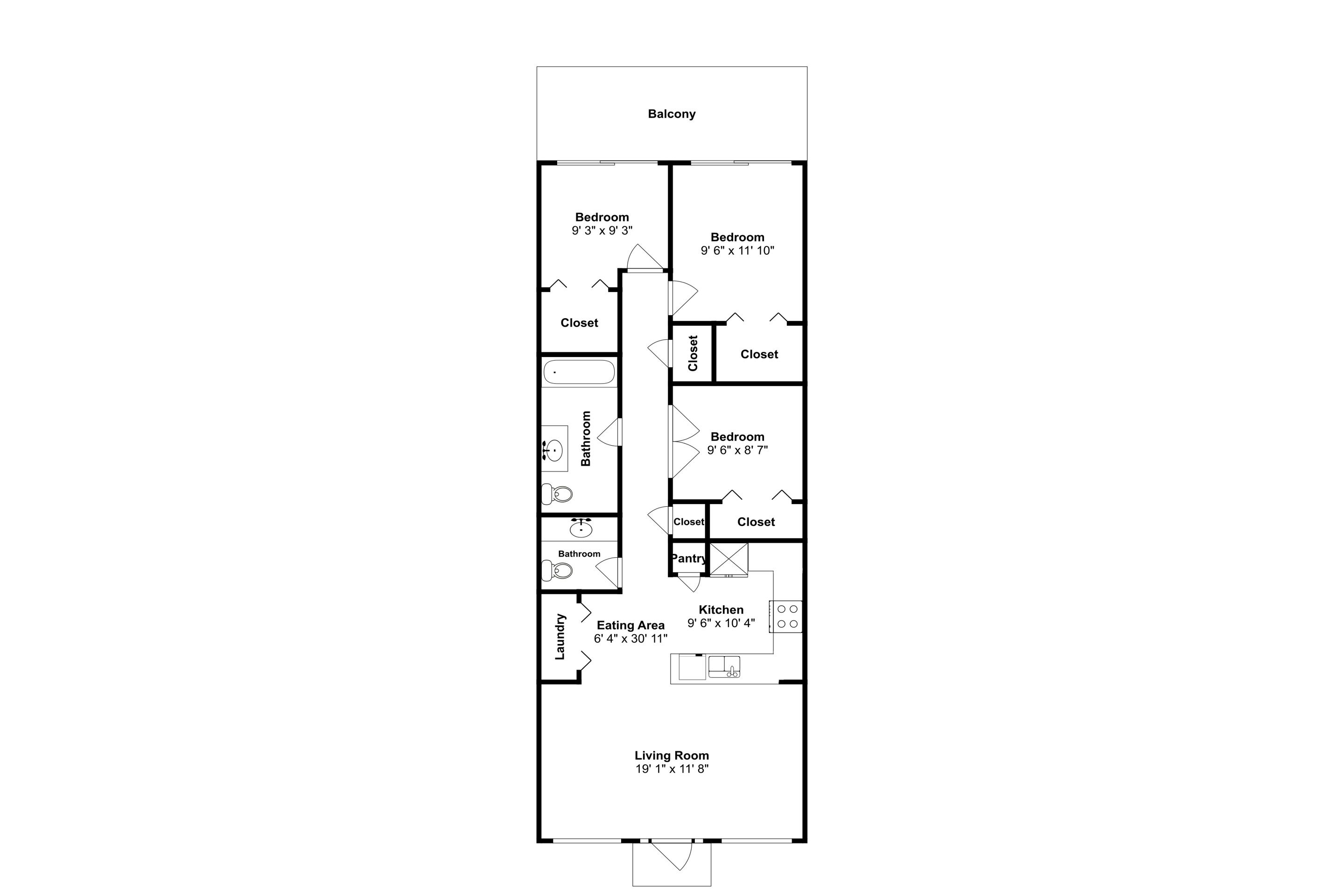 A floor plan of a hotel with a balcony, two bedrooms, a living room, a kitchen, a bathroom, a laundry area, and an eating area.