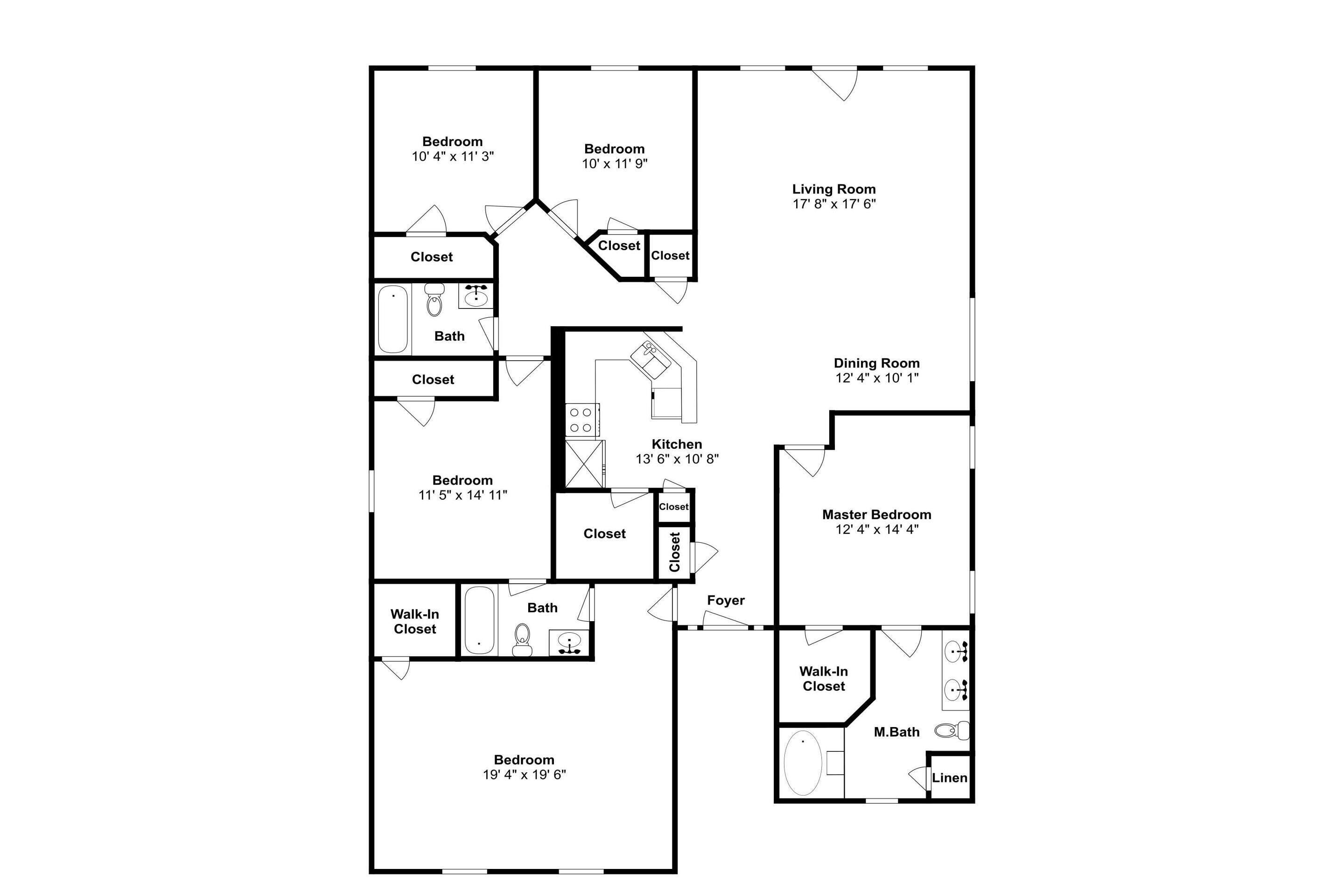 Plano de planta de una casa con tres dormitorios, una sala de estar, un comedor, una cocina y un baño principal.