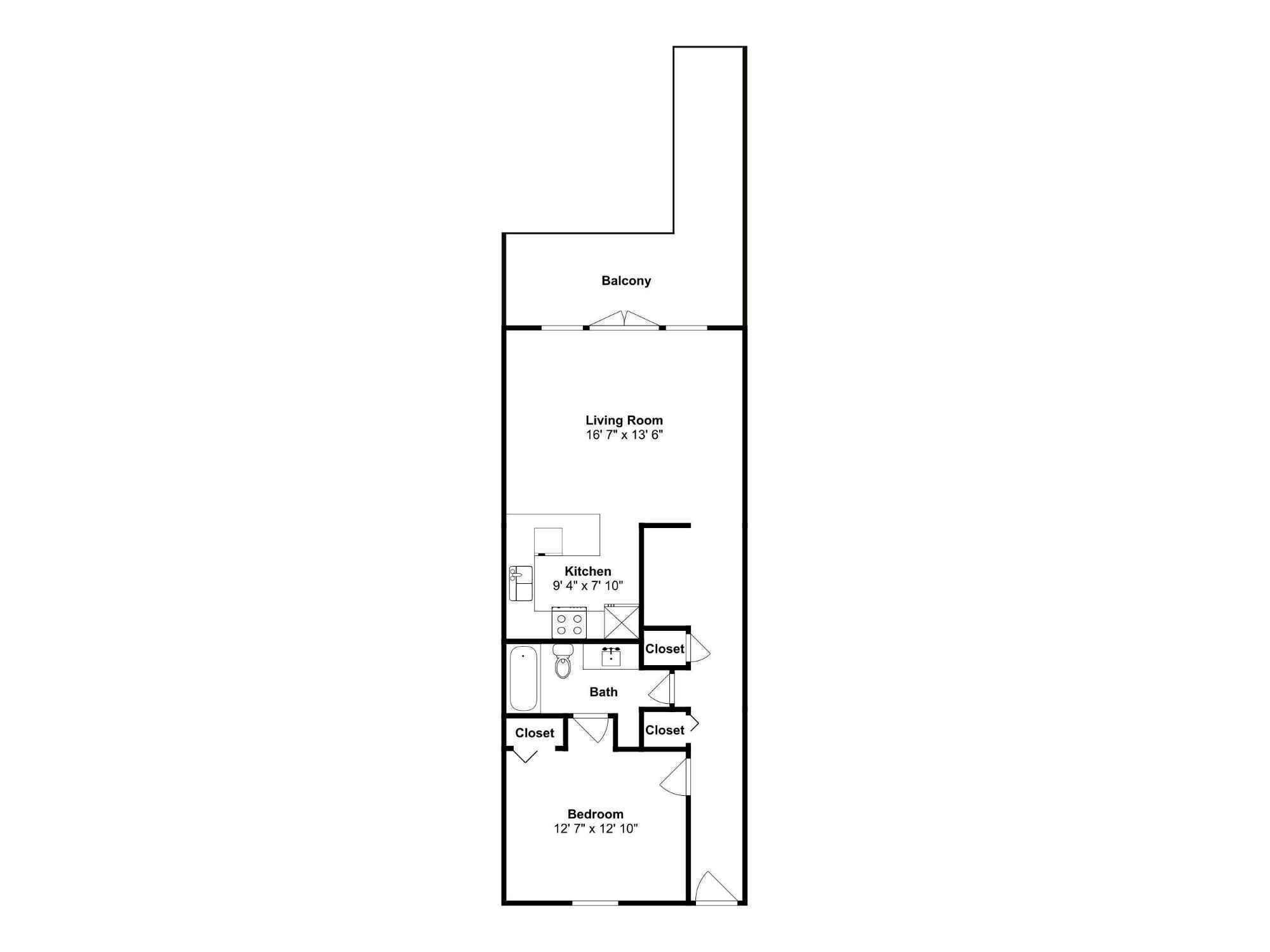 A floor plan with a balcony, living room, kitchen, two closets, a bathroom, and a bedroom.