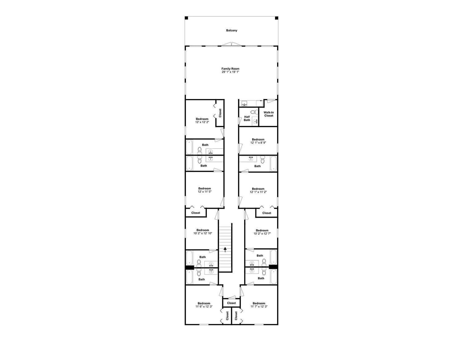 A floor plan of a hotel with a balcony, family room, multiple bedrooms, bathrooms, and closets.
