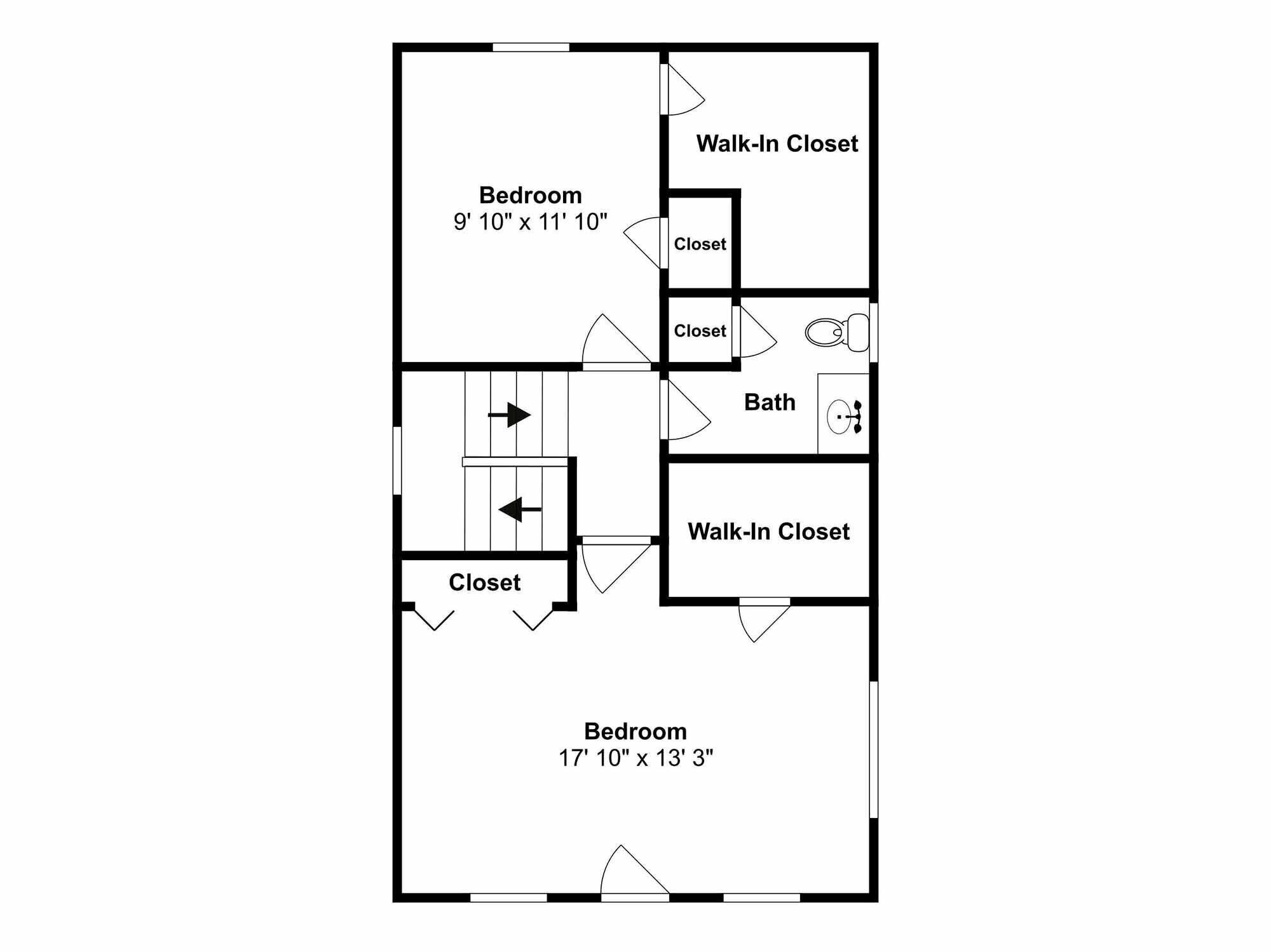 A floor plan of a hotel room with two bedrooms, two walk-in closets, a bathroom, and a closet.