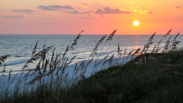 A sunset over the ocean with tall grasses in the foreground. - Dune Our Thing by Southern Vacation Rentals (Santa Rosa Beach)