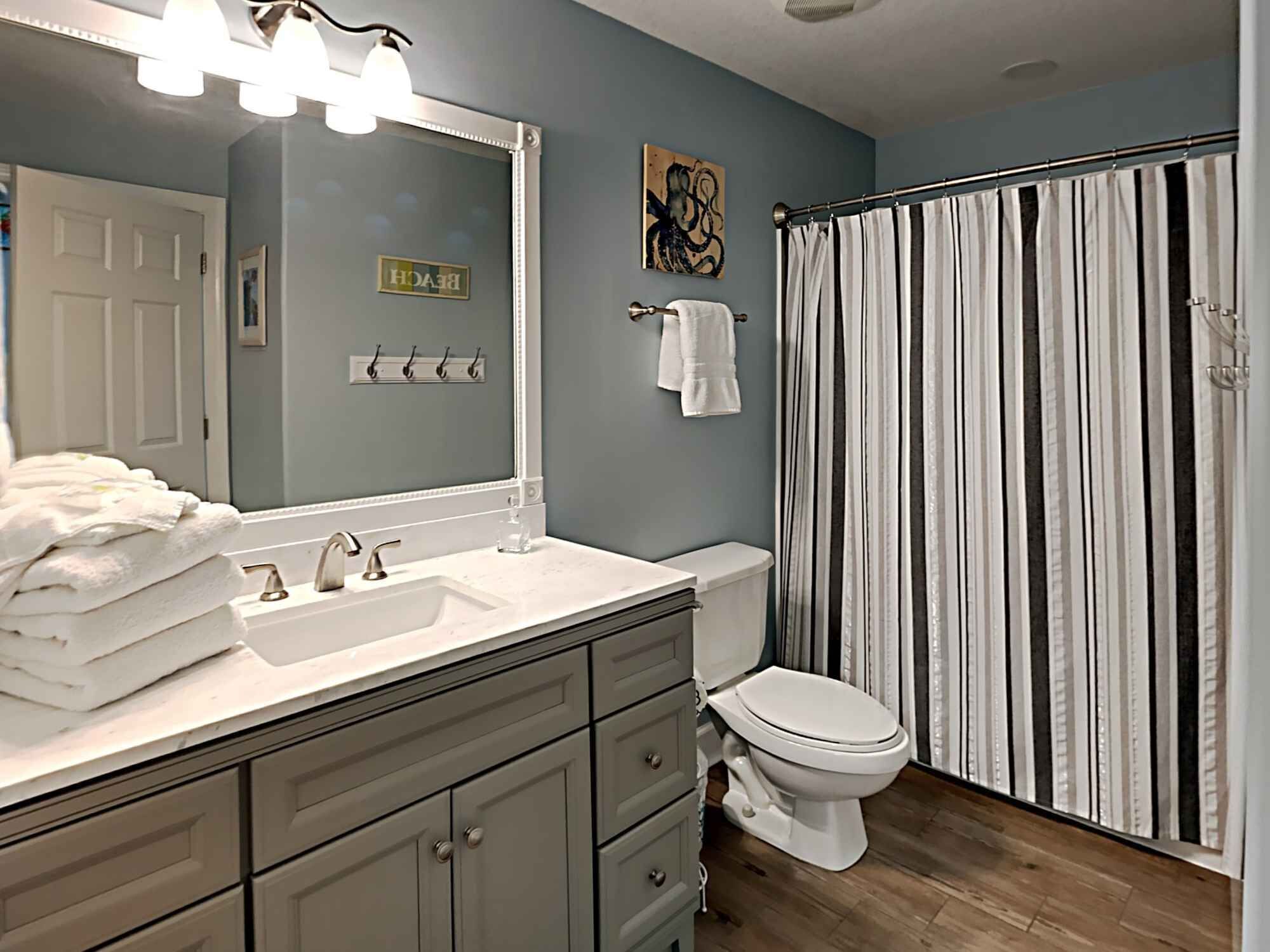 Une salle de bain équipée d’un lavabo, de toilettes et d’un rideau de douche.