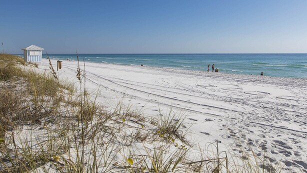 Une plage avec une tour de surveillance pour les sauveteurs, un rivage sablonneux et un ciel bleu dégagé.