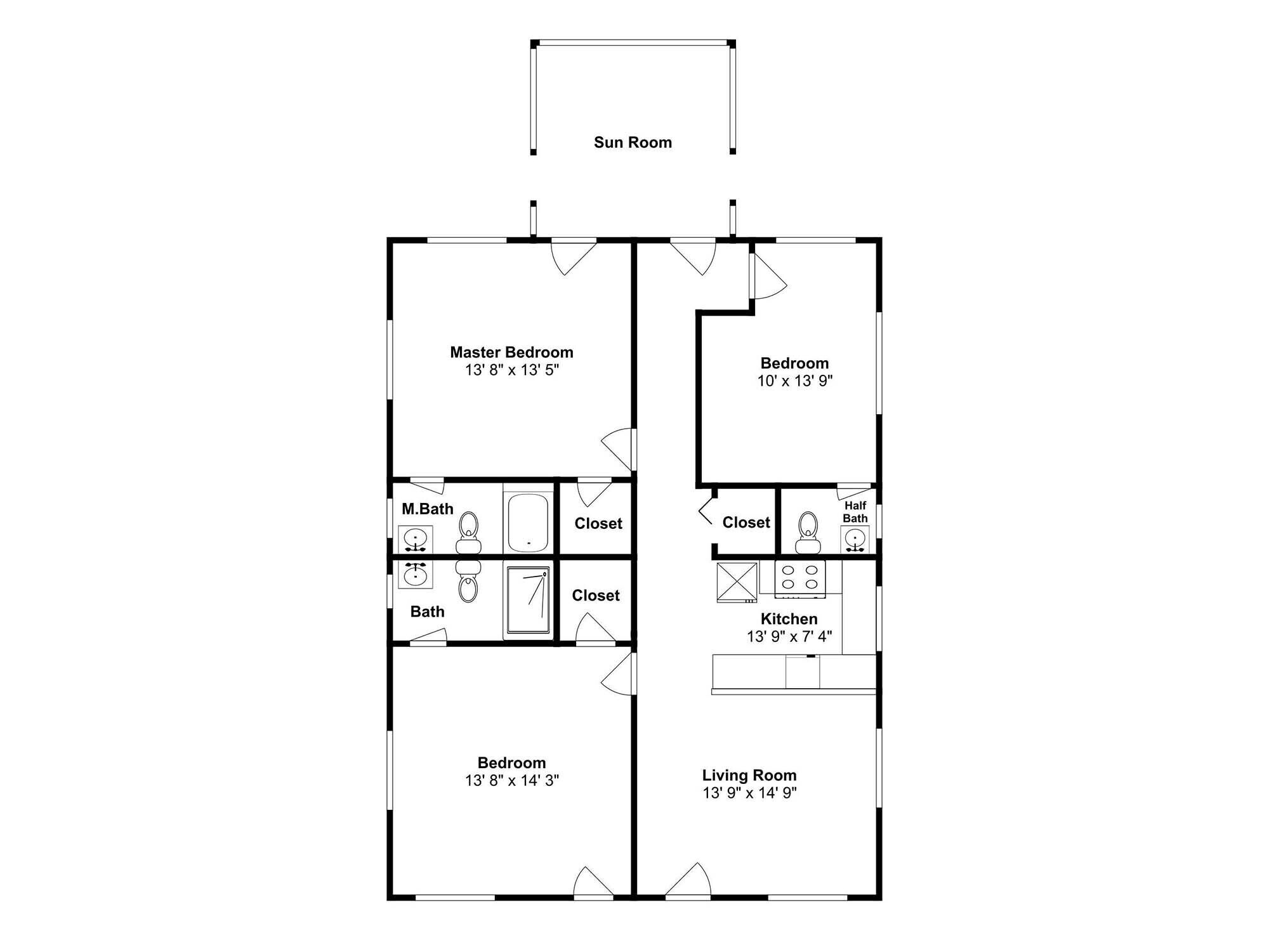 A floor plan of a house with a sunroom, master bedroom, two standard bedrooms, a bathroom, a kitchen, and a living room.
