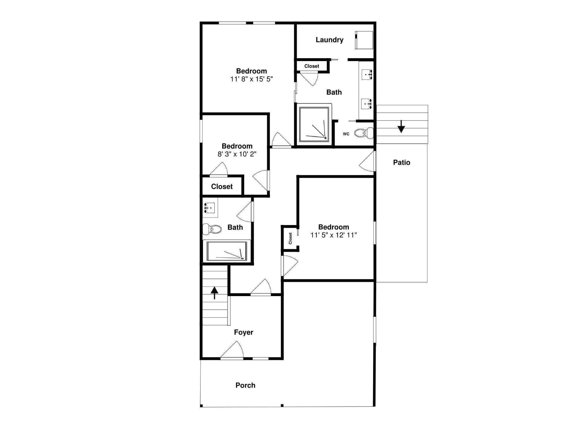 Plano de una casa con tres dormitorios, dos baños, lavandería, vestíbulo, porche y patio.