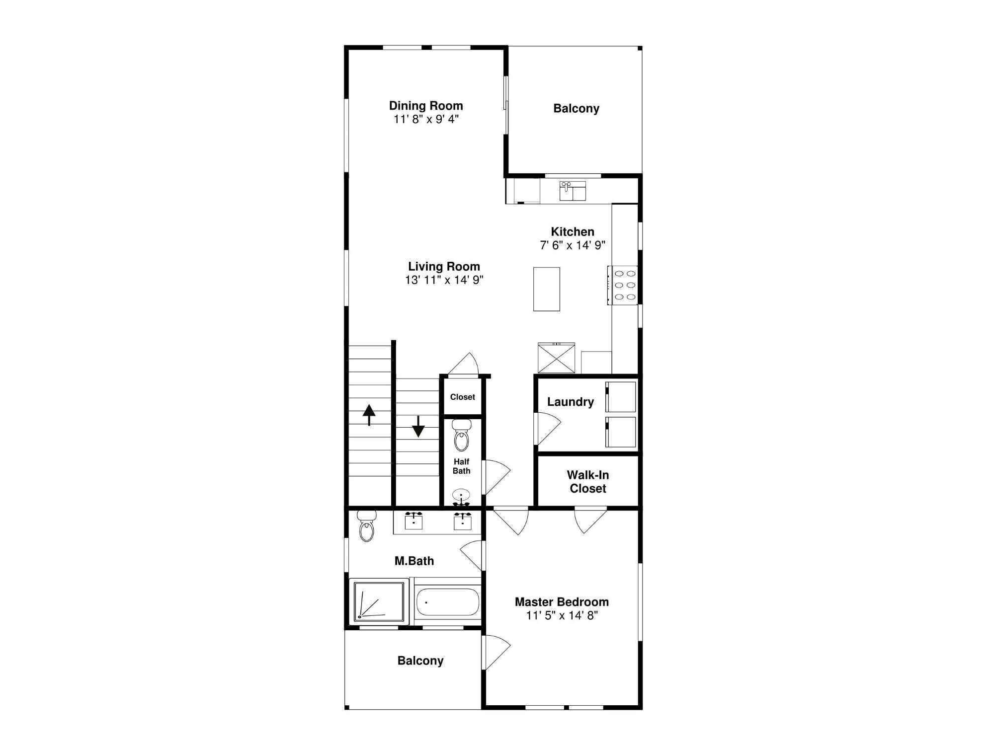 A floor plan of a house with a dining room, balcony, kitchen, living room, master bedroom, half bath, walk-in closet, and laundry room.