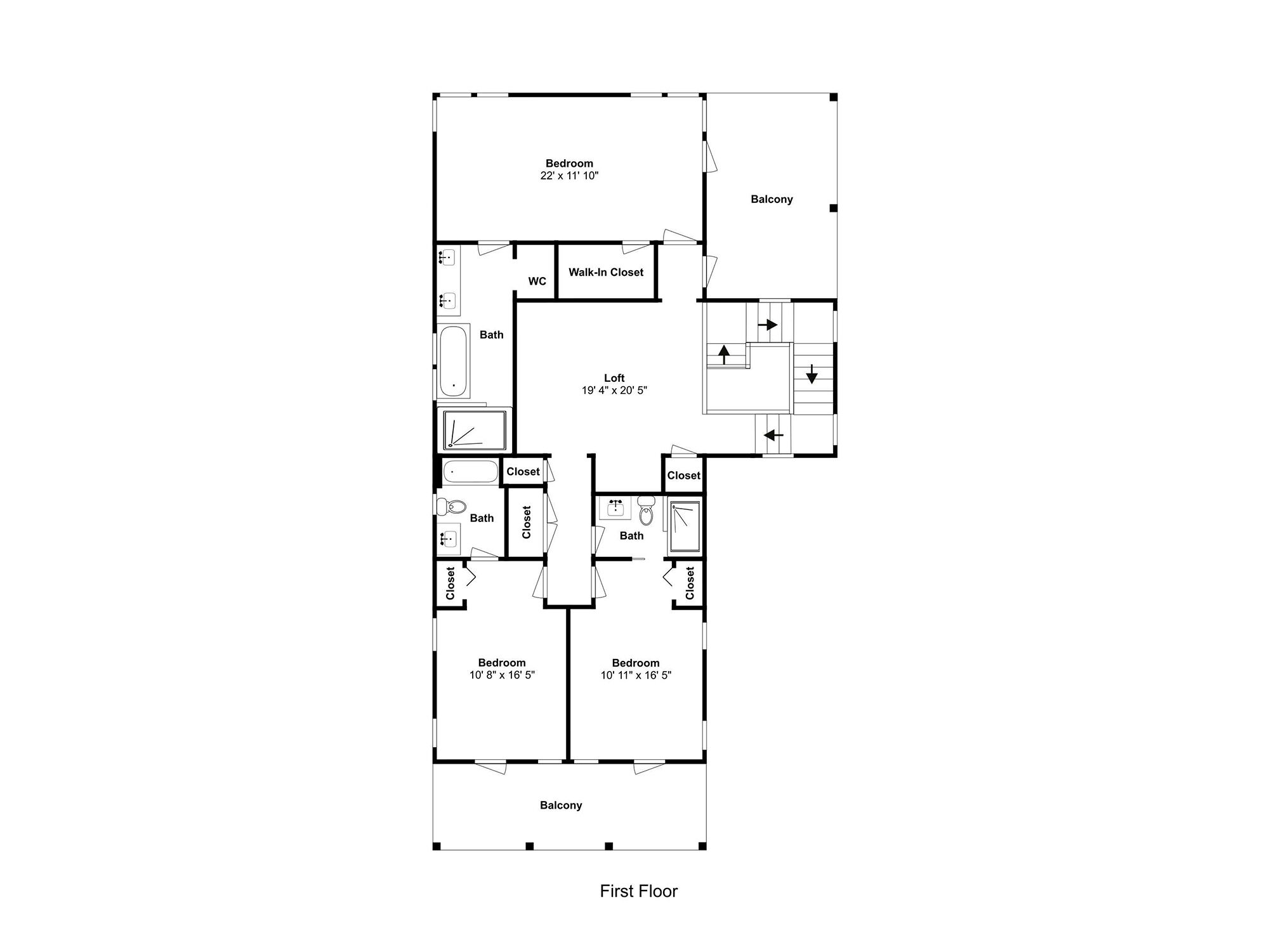 Plan d’un étage d’un hôtel situé au premier étage, comprenant deux chambres, un balcon, un dressing, une salle de bain et une mezzanine.
