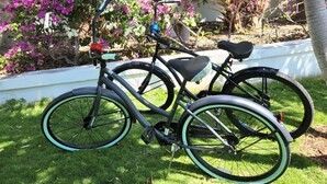 A bicycle parked on a grassy area with a white wall and flowering plants in the background. - Queen Angel Condo with Pool and Ocean View (Providenciales)