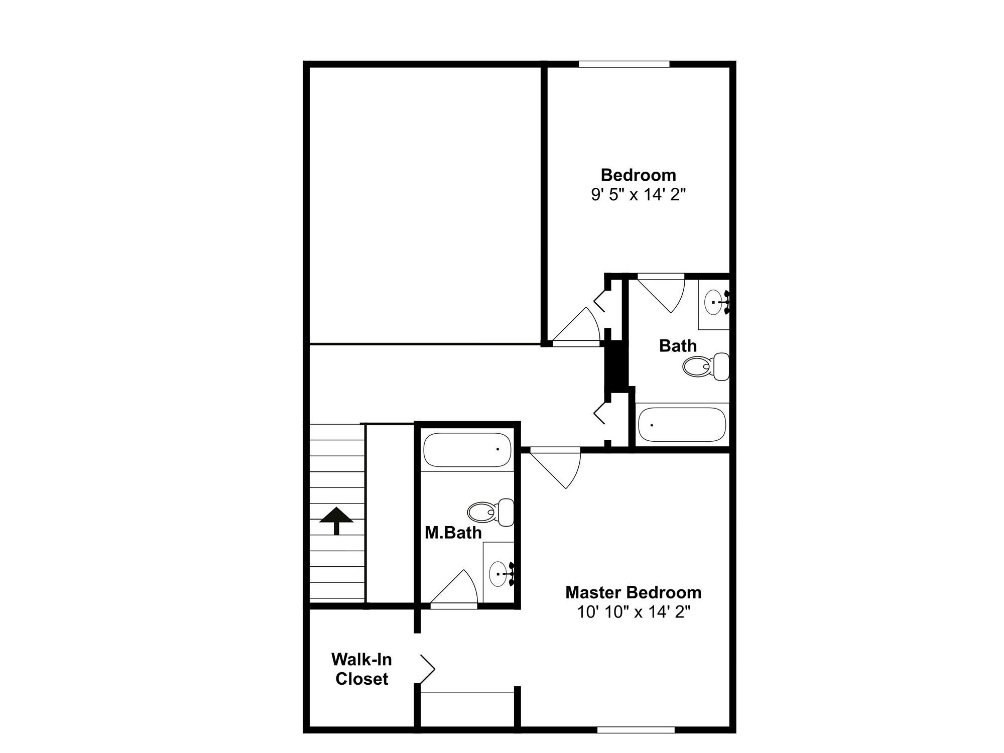 Een plattegrond van een hotelkamer met een hoofdslaapkamer, een kleinere slaapkamer, een hoofdbadkamer, een inloopkast en een badkamer.