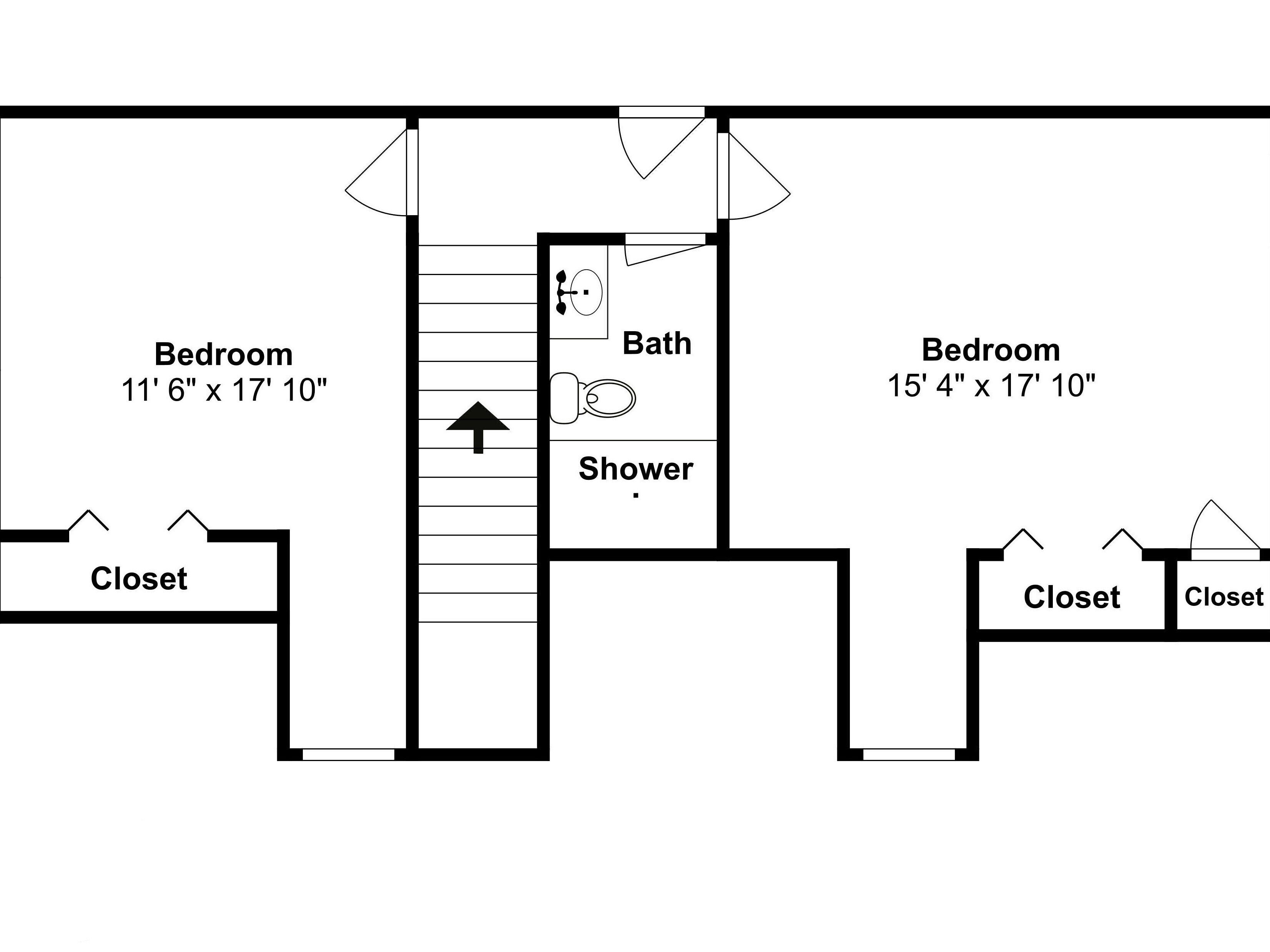 Een plattegrond van een hotelkamer met twee slaapkamers, een badkamer en een douche. De kleinere slaapkamer is 3,5 meter bij 5,4 meter, en de grotere is 4,6 meter bij 5,4 meter. Beide slaapkamers hebben een kledingkast.