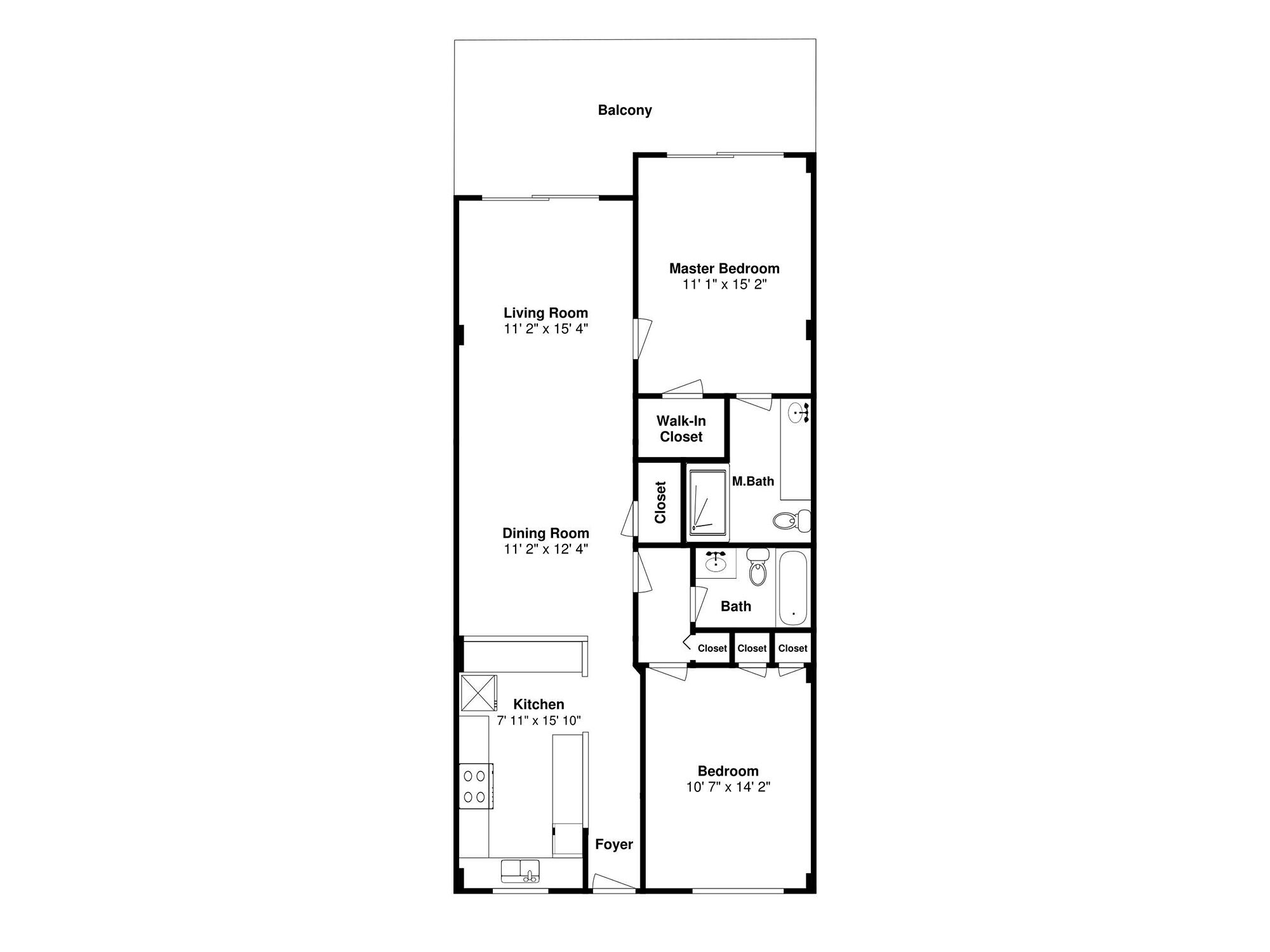 Plan d’étage d’une chambre d’hôtel comprenant un balcon, un salon, une salle à manger, une cuisine, une chambre principale, un dressing, une salle de bain attenante à la chambre principale et une chambre standard.
