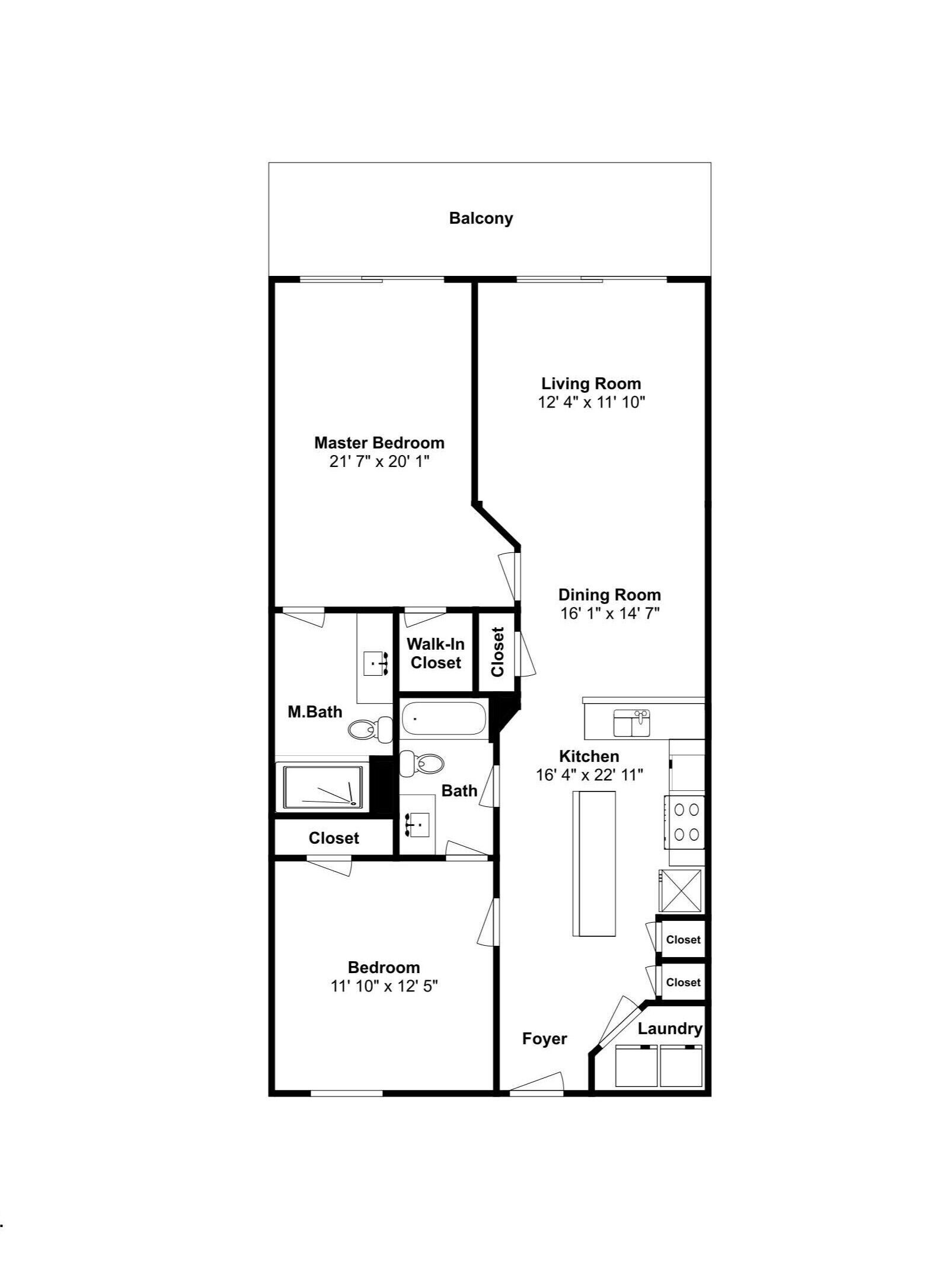 A floor plan with a balcony, master bedroom, living room, dining room, kitchen, walk-in closet, master bath, bathroom, closet, bedroom, foyer, and laundry area.