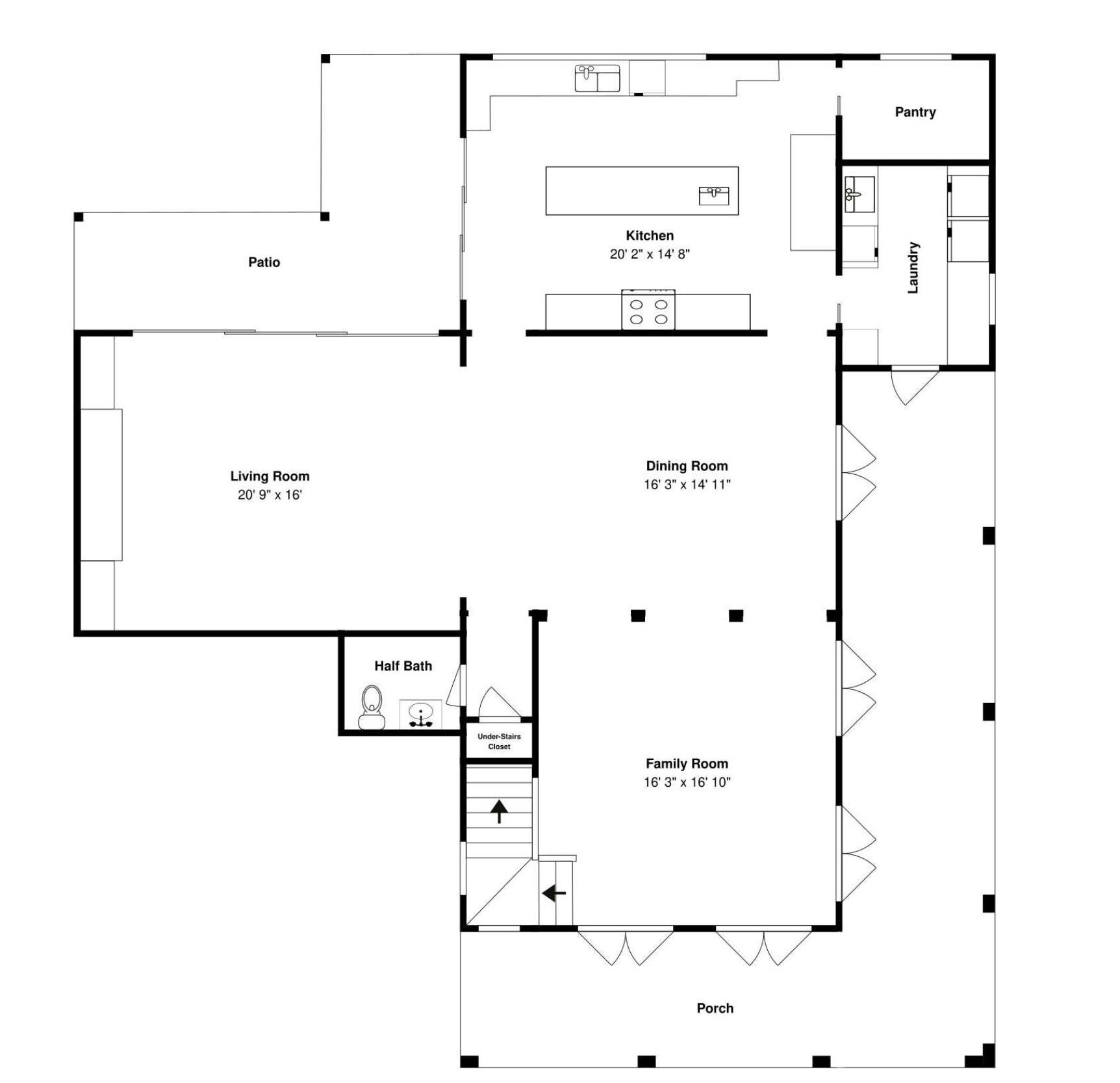 Un plan d’étage comprenant un salon, une salle à manger, une cuisine, un garde-manger, une buanderie, une salle familiale, une salle de bain avec WC, un placard sous l’escalier et une véranda.