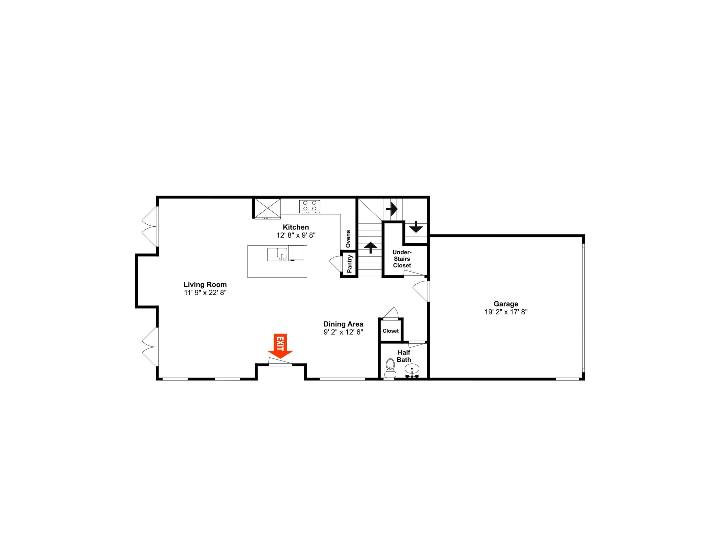 Un plan d’étage d’une maison comprenant un salon, une cuisine, un coin repas, une salle de bain avec WC et un garage.