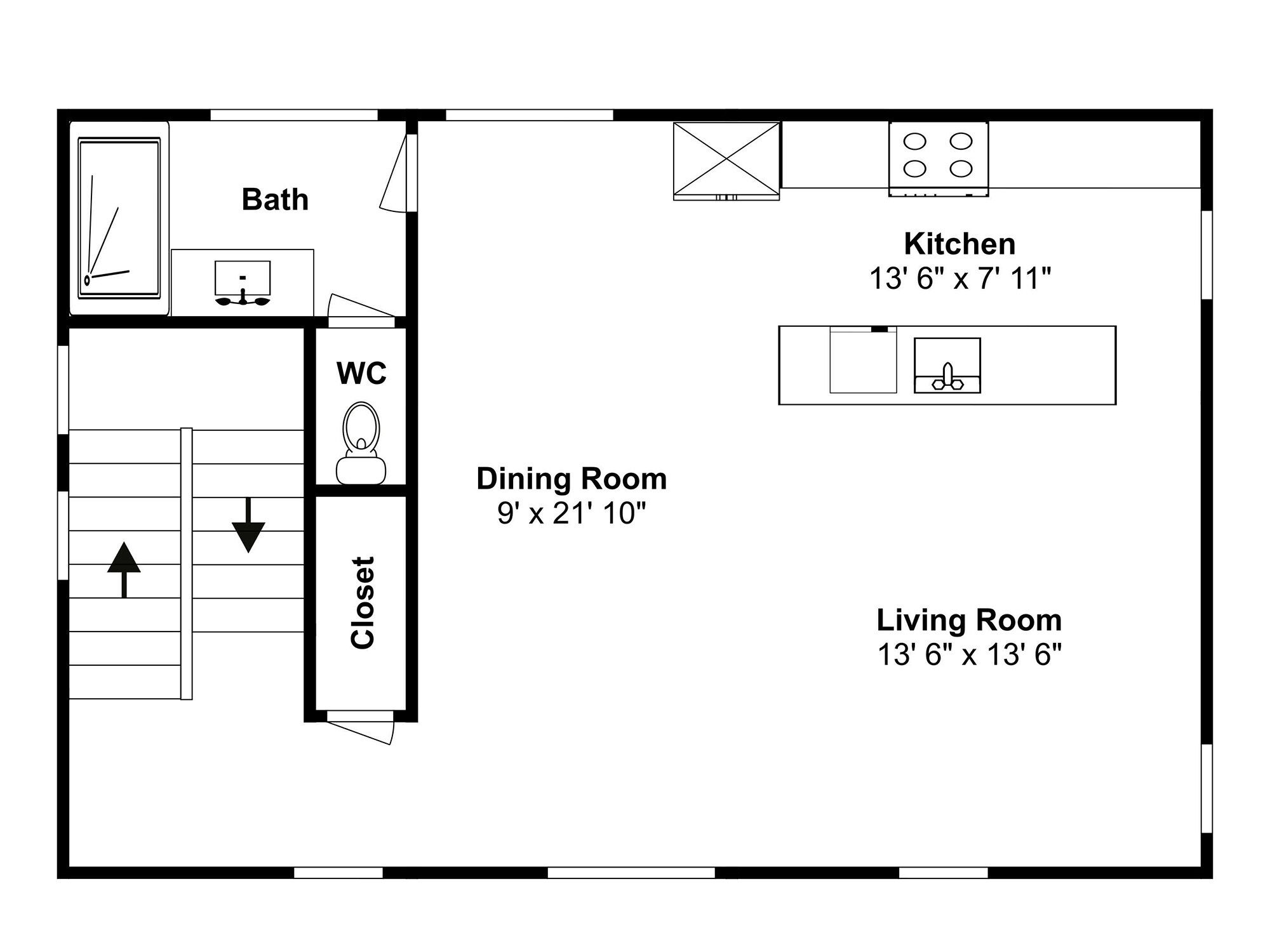 A floor plan of a house with a kitchen measuring 13' 6" x 7' 11", a dining room of 9' x 21' 10", and a living room of 13' 6" x 13' 6".