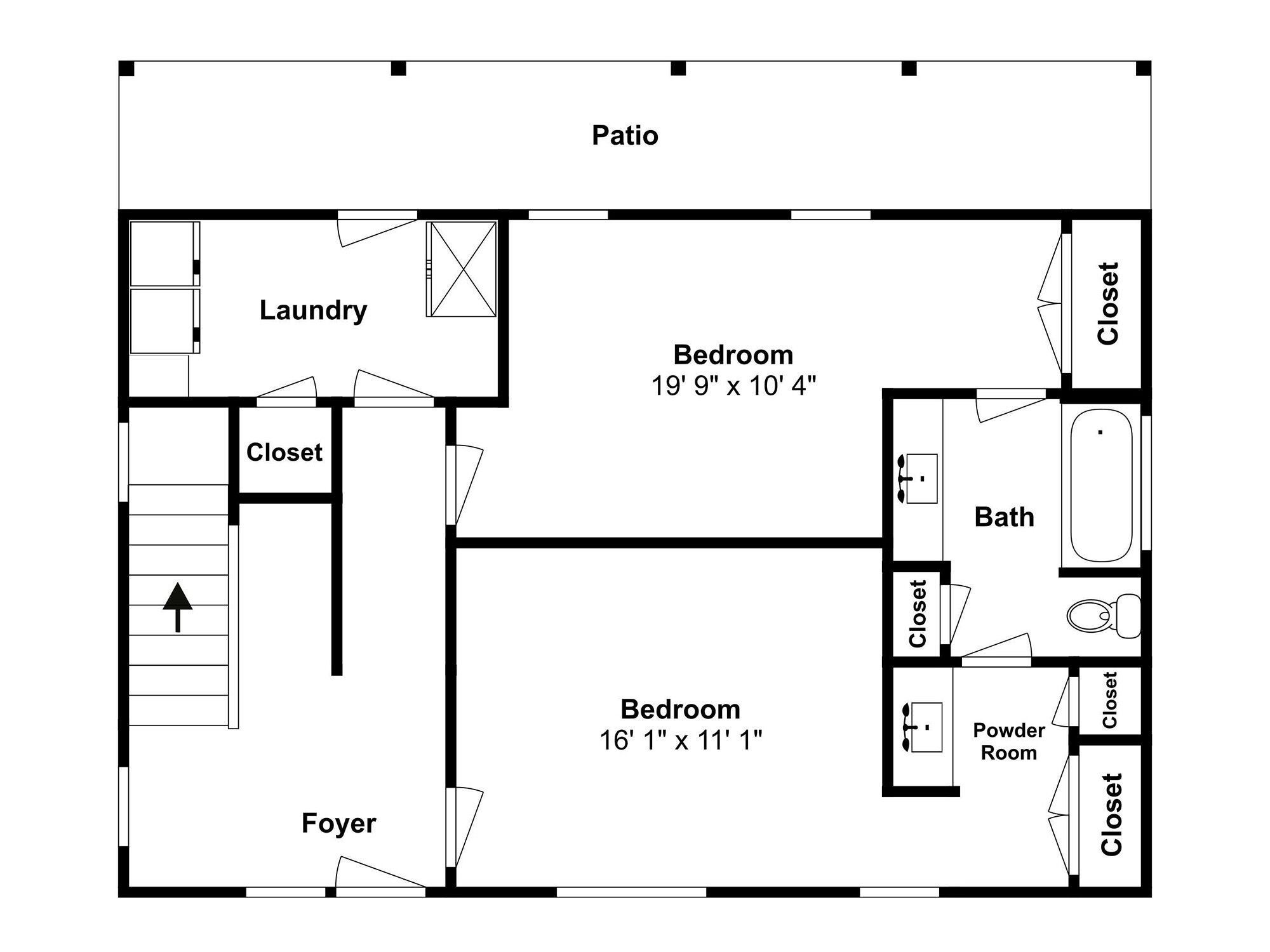 A floor plan with two bedrooms, a bathroom, a powder room, a closet, a foyer, and a laundry area.