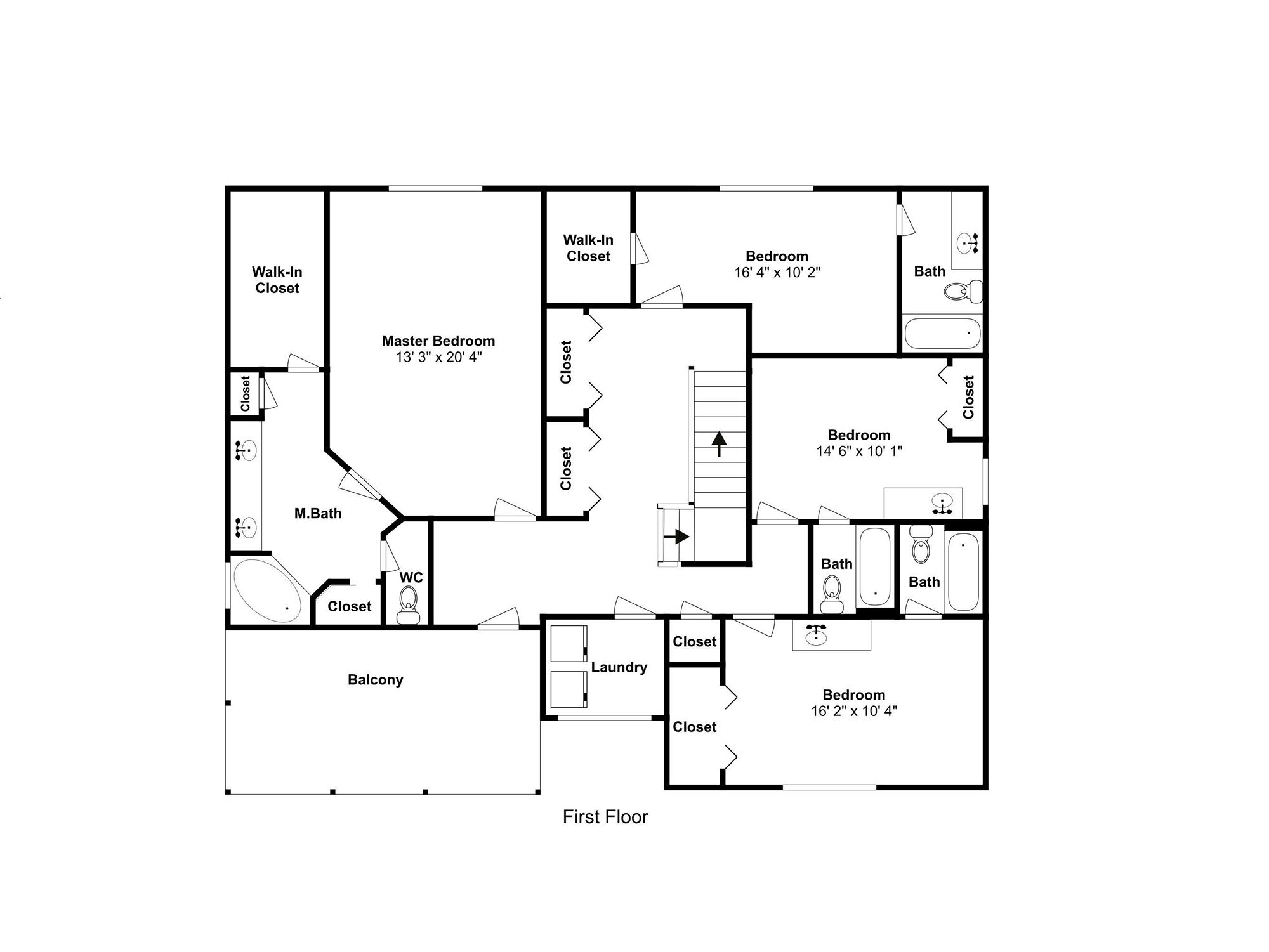 Un plan d’étage du premier étage comprenant plusieurs chambres, des dressings, une chambre principale, un balcon, une buanderie et une salle de bain principale.