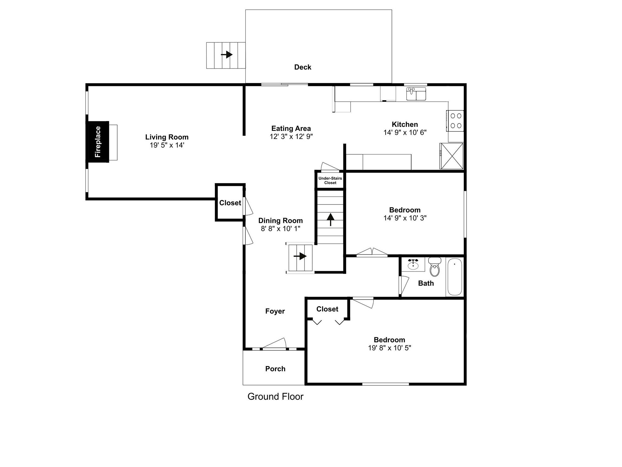 Plano de planta que muestra una sala de estar, comedor, cocina, dos dormitorios, un baño, un vestíbulo, un porche y una chimenea.