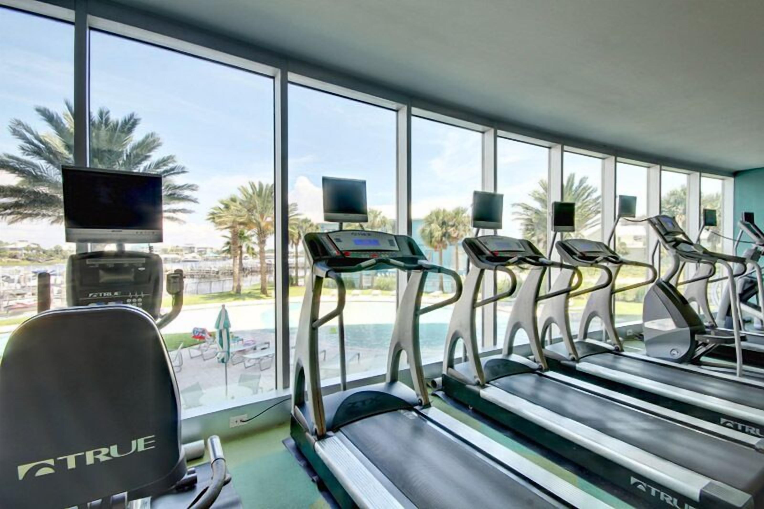 Et fitnesscenter med løbebånd, træningscykler og en ro-maskine. Store vinduer giver udsigt til palmer og et vandareal.