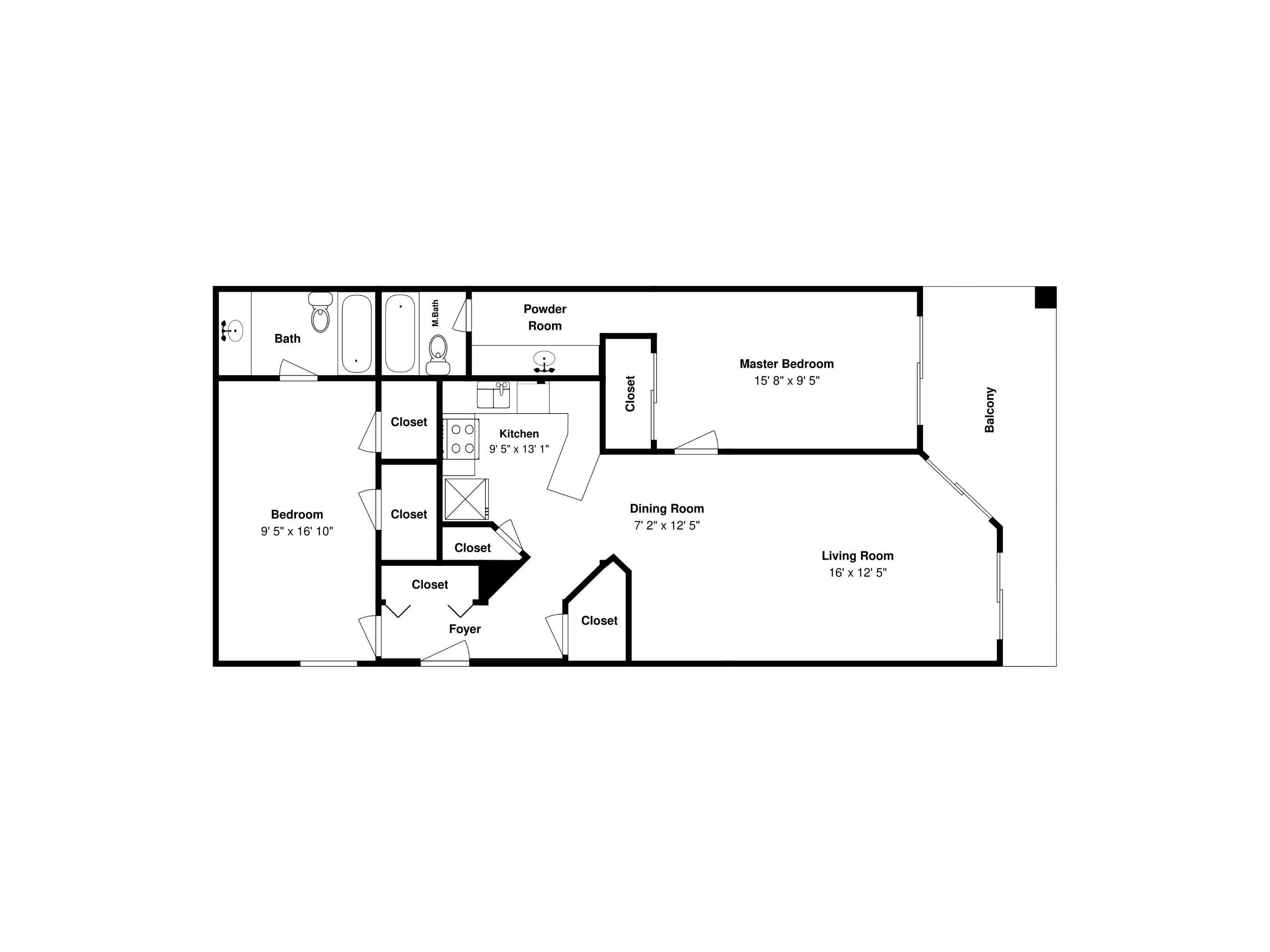 Un plan d’étage d’une maison comprenant une chambre principale, un salon, une salle à manger, une cuisine et deux salles de bain.