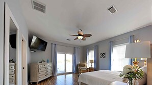 Une chambre à coucher comprenant un lit, une commode, un téléviseur, un ventilateur de plafond et une vue sur l’extérieur.