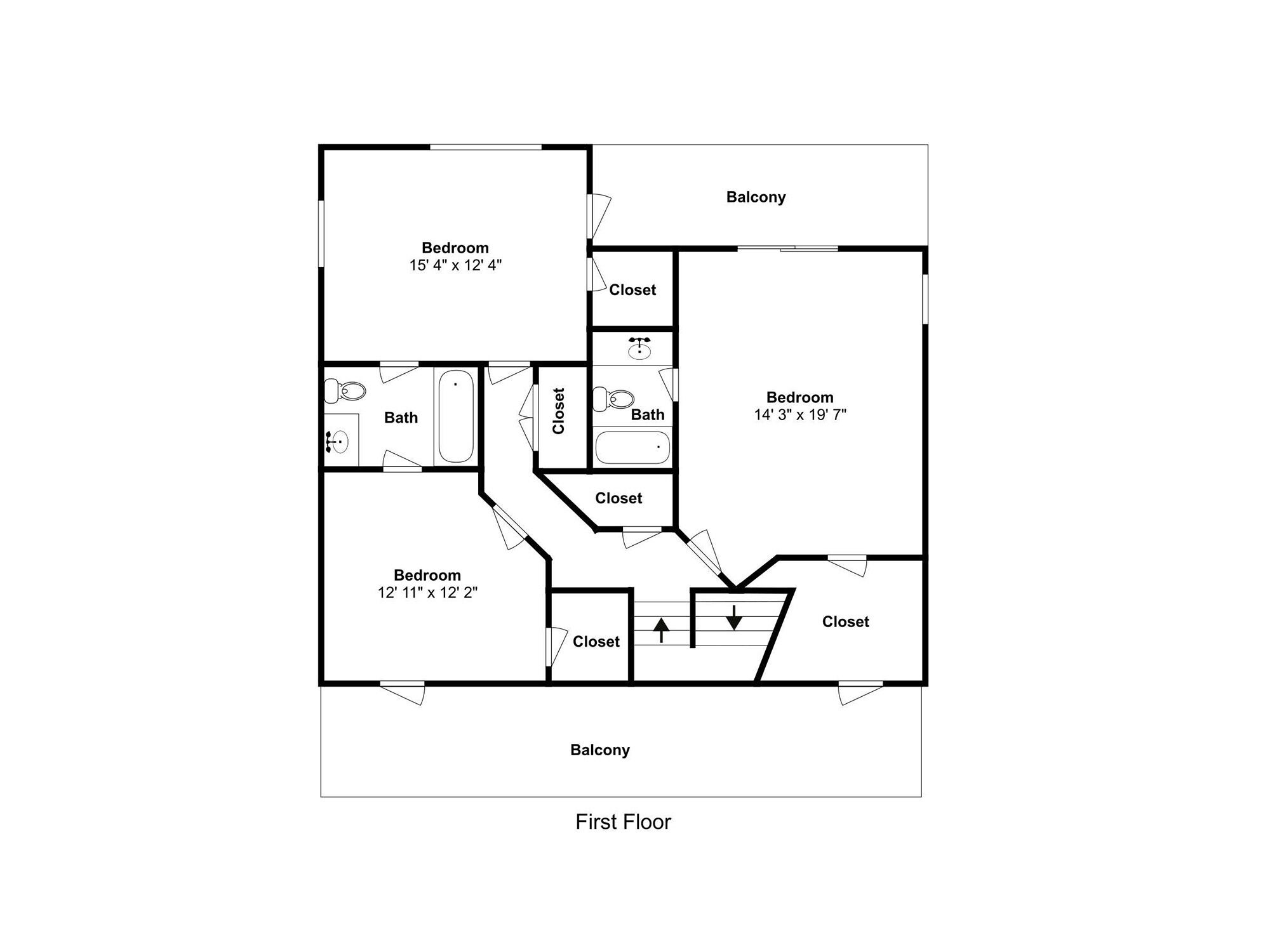 Plattegrond van de eerste verdieping met drie slaapkamers, twee badkamers, een inloopkast en een balkon.