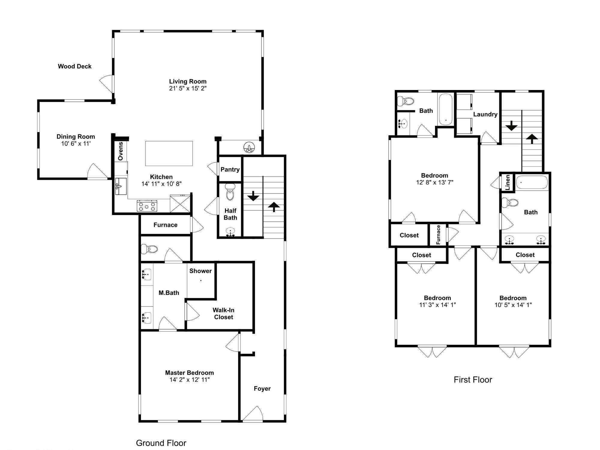 Ein Grundriss eines Hauses mit Erdgeschoss und Obergeschoss, inklusive Esszimmer, Küche, Schlafzimmer und zwei weiteren Schlafzimmern.