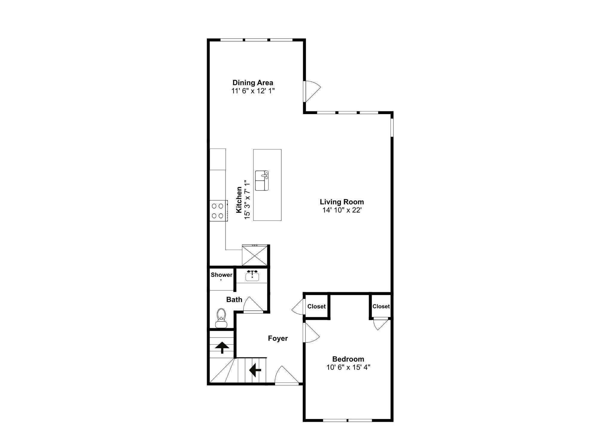 A floor plan of a hotel room with a dining area, kitchen, living room, bathroom, two closets, a foyer, and a bedroom.