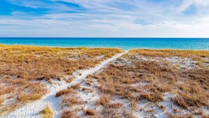 Ein Strand mit blauem Himmel und einem Sandweg, der zum Wasser führt.
