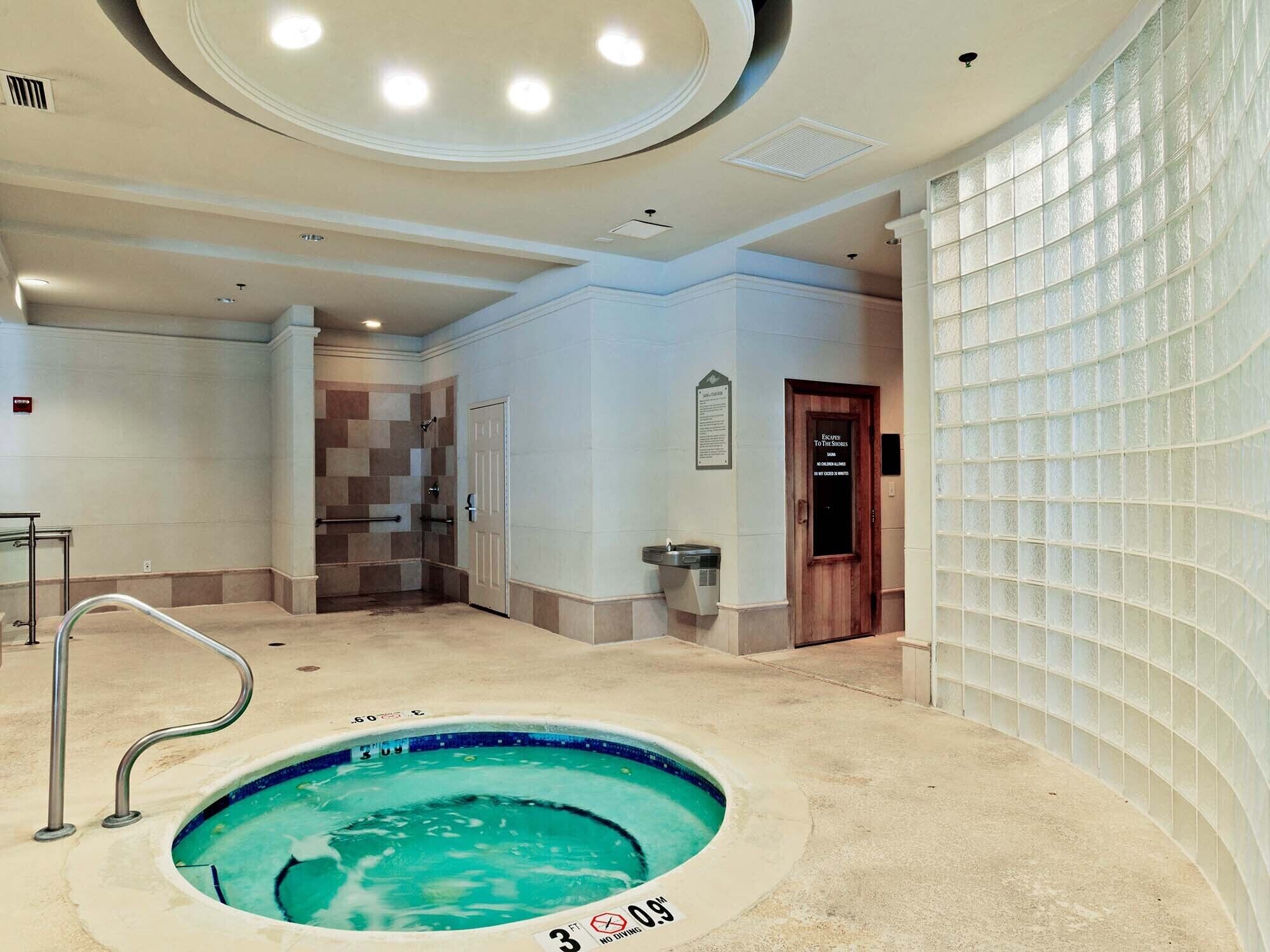 A hotel bathroom with a spa pool, a shower area, and a glass-enclosed door.