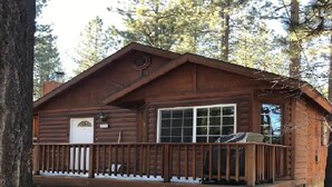 A wooden cabin with a porch, a door, and a window. - Walking Distance to Snow Summit (Big Bear Lake)