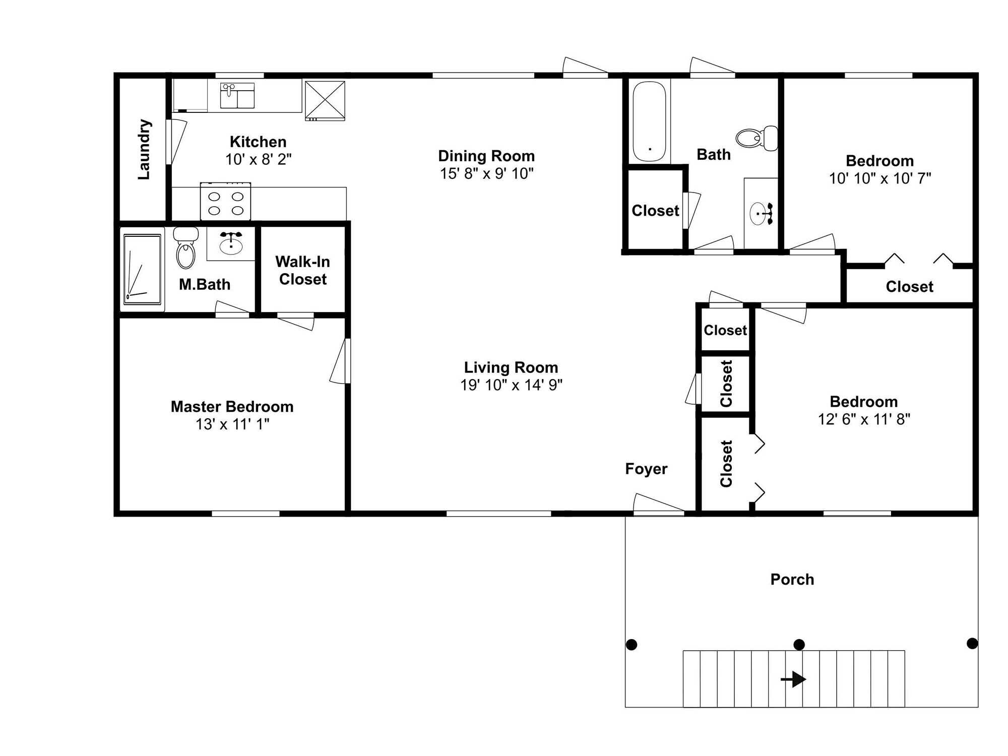 A floor plan of a house with a master bedroom, two smaller bedrooms, a kitchen, a dining room, a living room, a master bathroom, a walk-in closet, a foyer, a bathroom, and a porch.