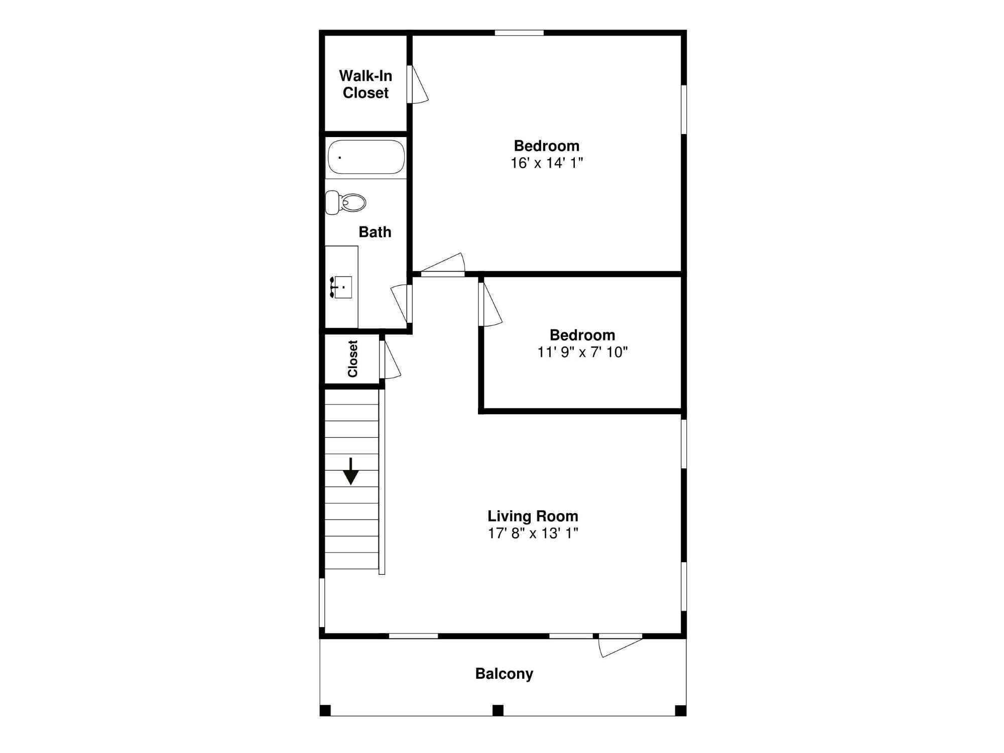 Un plan d’étage comprenant deux chambres, un salon, un balcon, un dressing et une salle de bain.