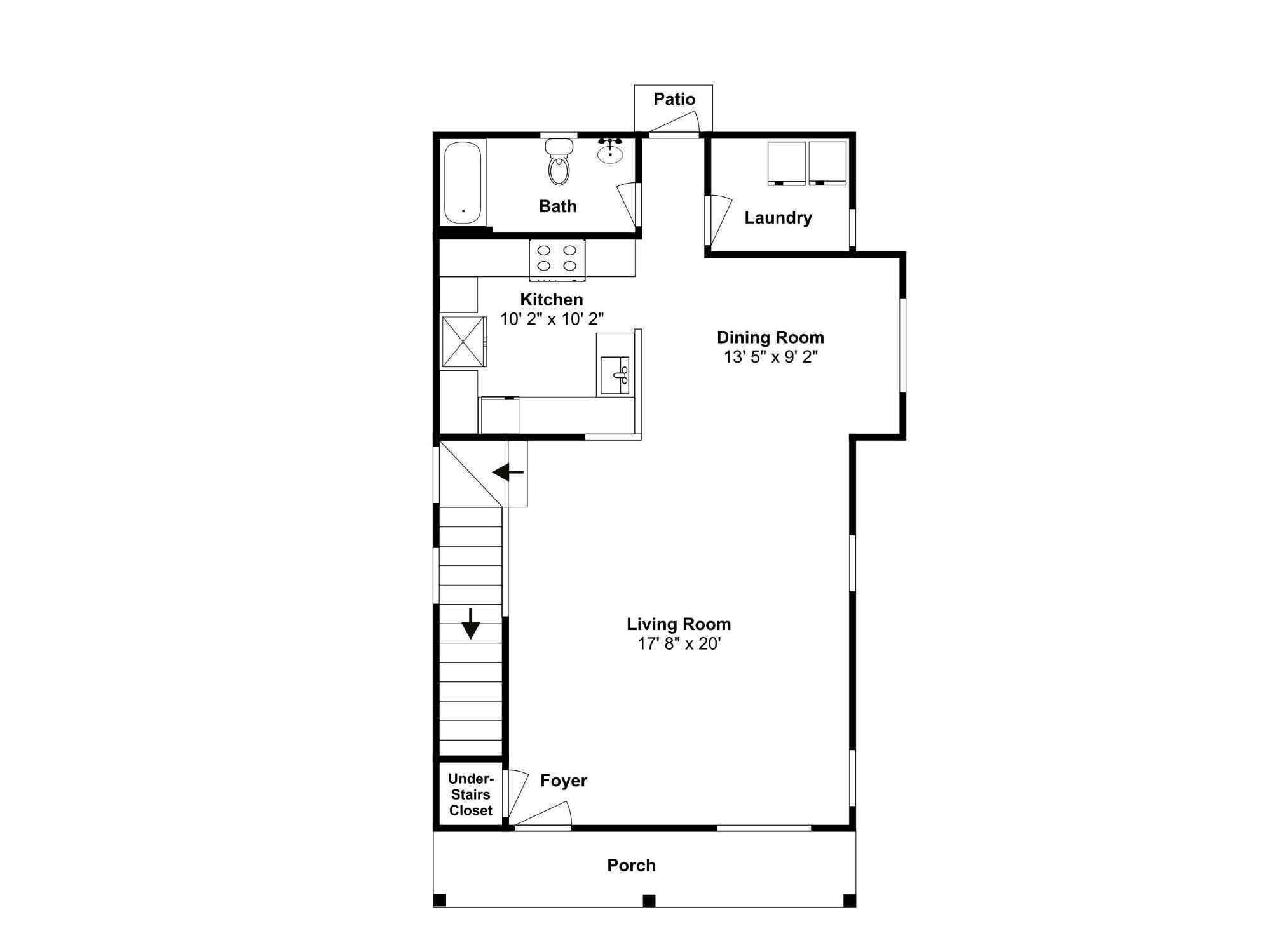 A floor plan with a patio, laundry, kitchen, dining room, living room, foyer, and under-stairs closet.
