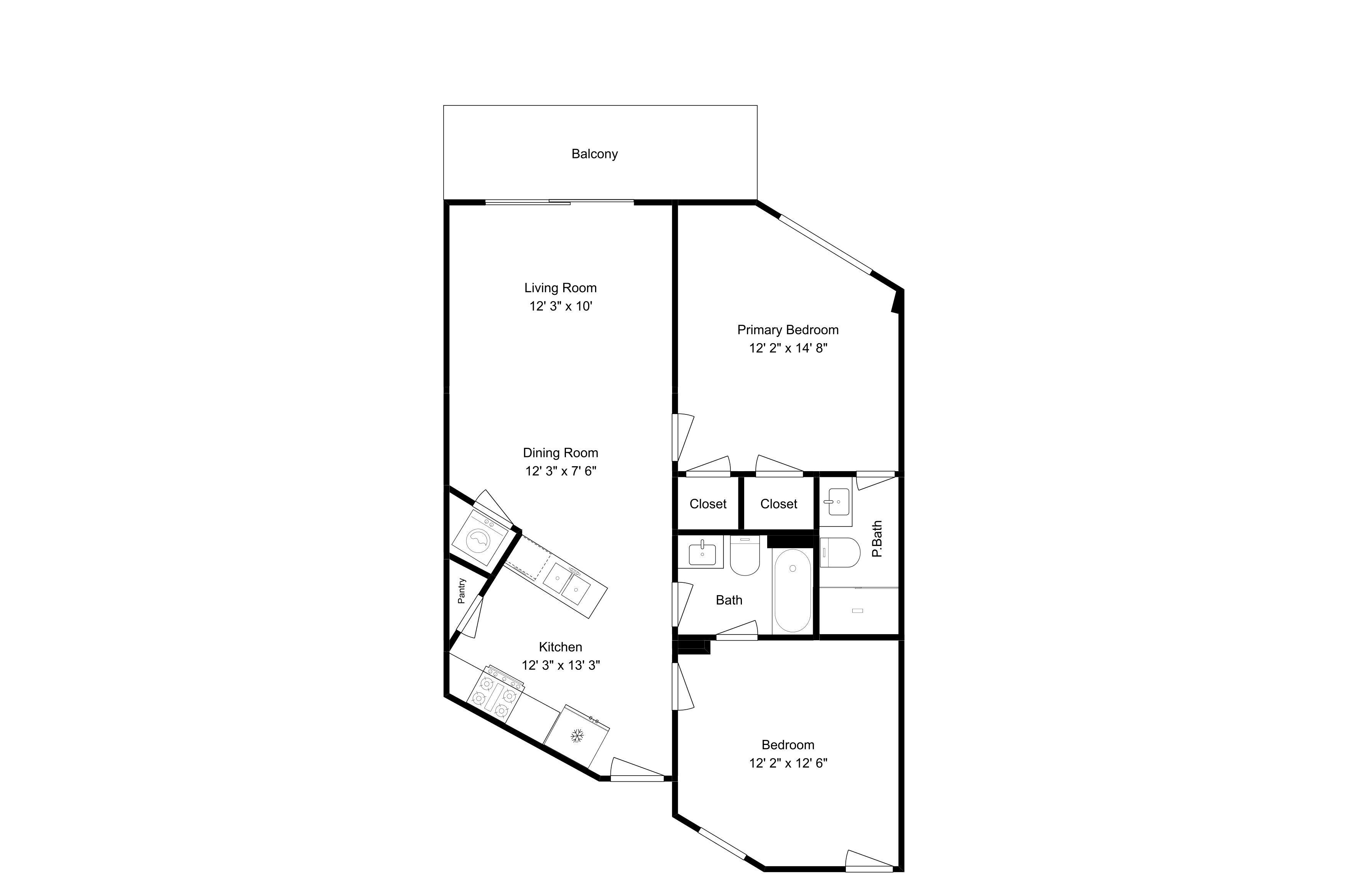 Un plan d’étage comprenant un salon, une salle à manger, une cuisine, une chambre principale et une salle de bain.