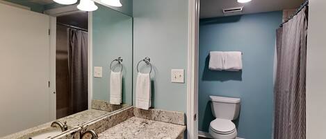 A bathroom with a granite countertop sink, a mirror, a toilet, and a shower curtain.
