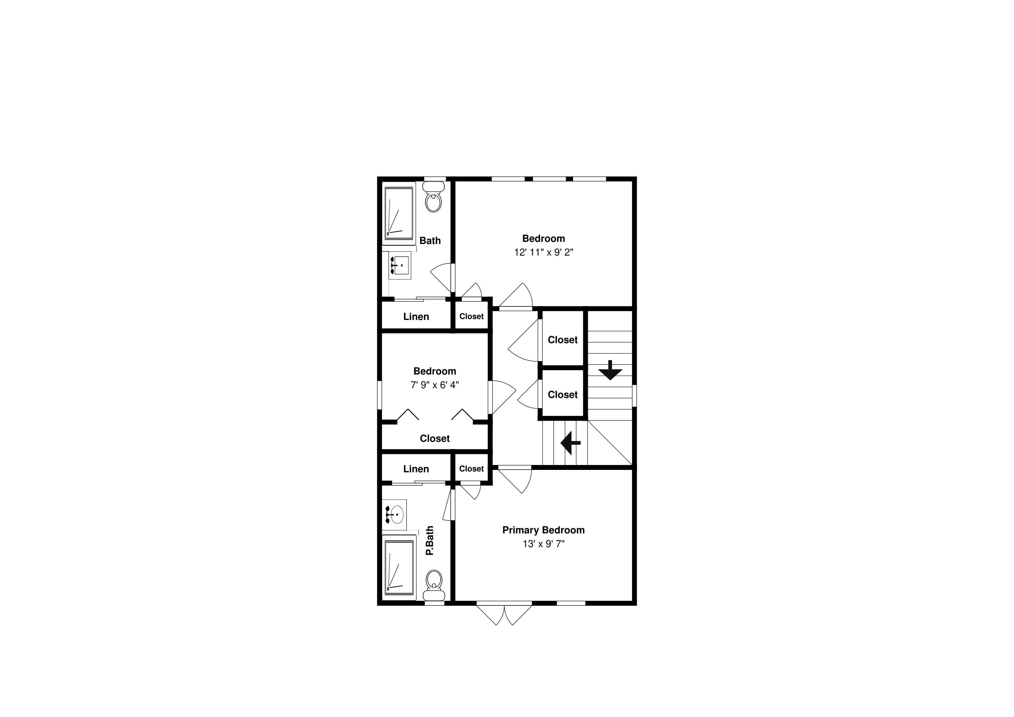 Plano de planta de una habitación de hotel con un dormitorio principal de 3,90 x 2,90 metros, dos dormitorios más pequeños, un baño y dos armarios.