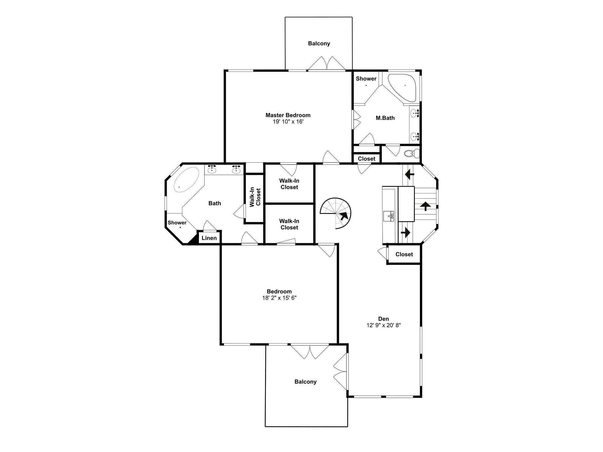 A floor plan of a hotel with a master bedroom, two bathrooms, a balcony, a walk-in closet, a den, and a bedroom.