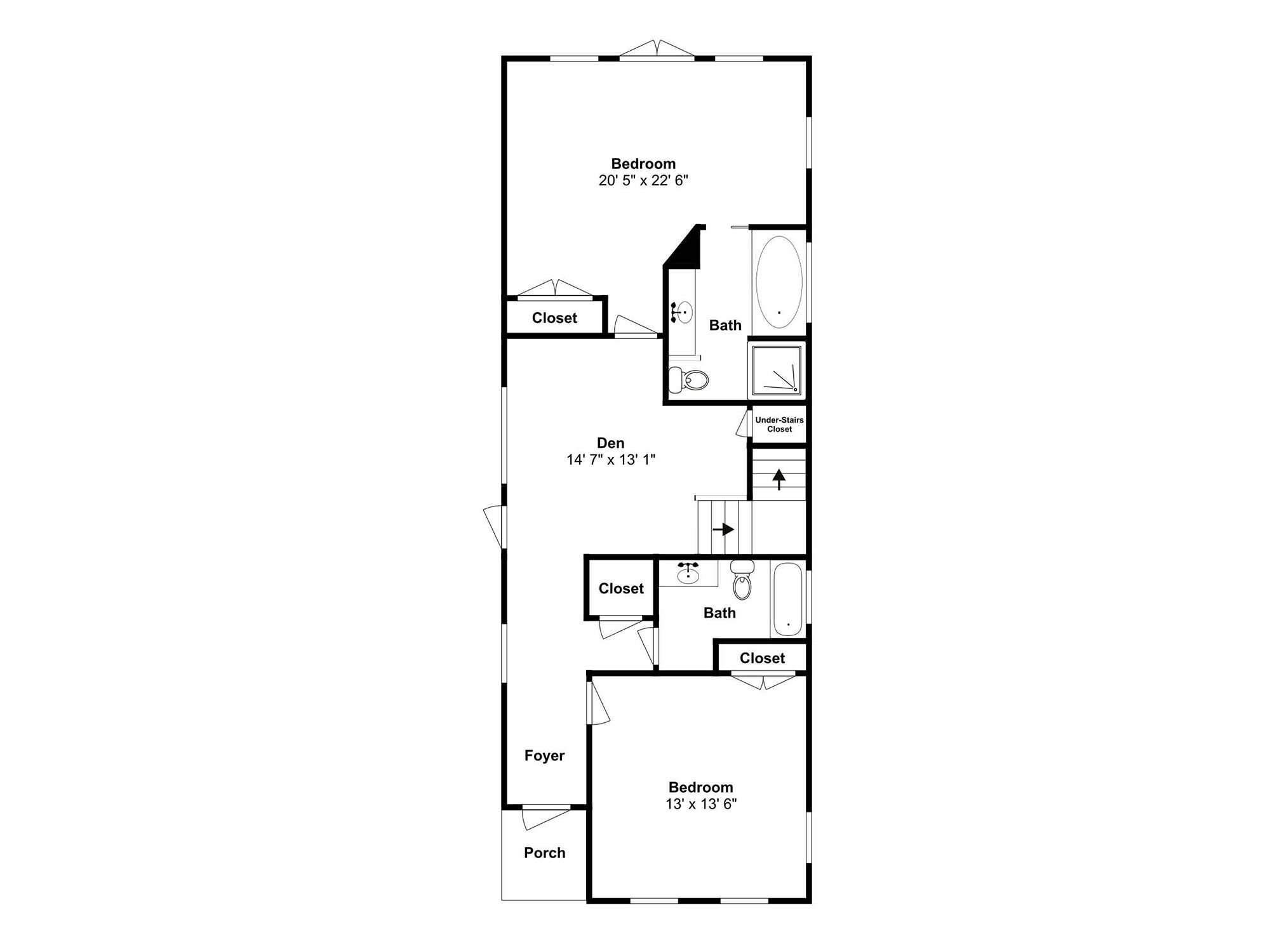 A floor plan with a bedroom measuring 20' 5" x 22' 6", a closet, a bathroom, an under-stairs closet, a foyer, and a porch.