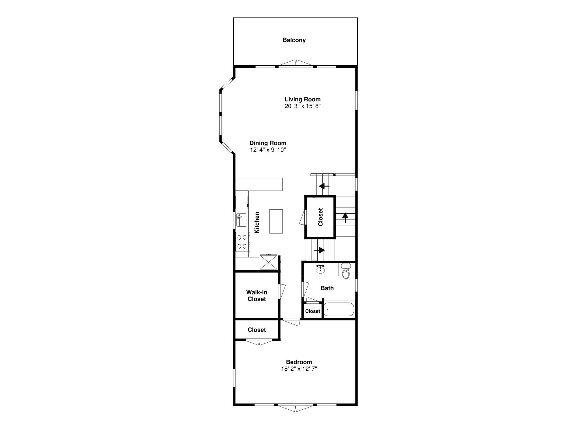 A floor plan of a hotel room with a balcony, living room, dining room, kitchen, walk-in closet, bathroom, and bedroom.