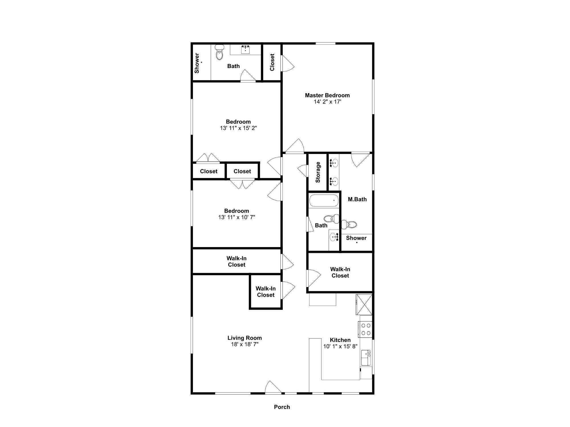 Ein Grundriss eines Hotelzimmers mit einer Master Suite, zwei Standardzimmern, einem Wohnzimmer, einer Küche, einem begehbaren Kleiderschrank, einem Badezimmer und einer Veranda.