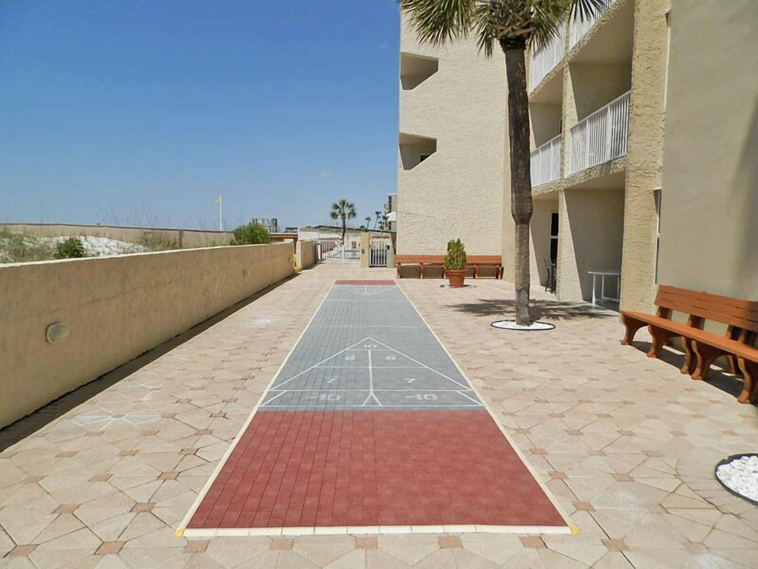 A paved walkway with a shuffleboard court, benches, and a palm tree.