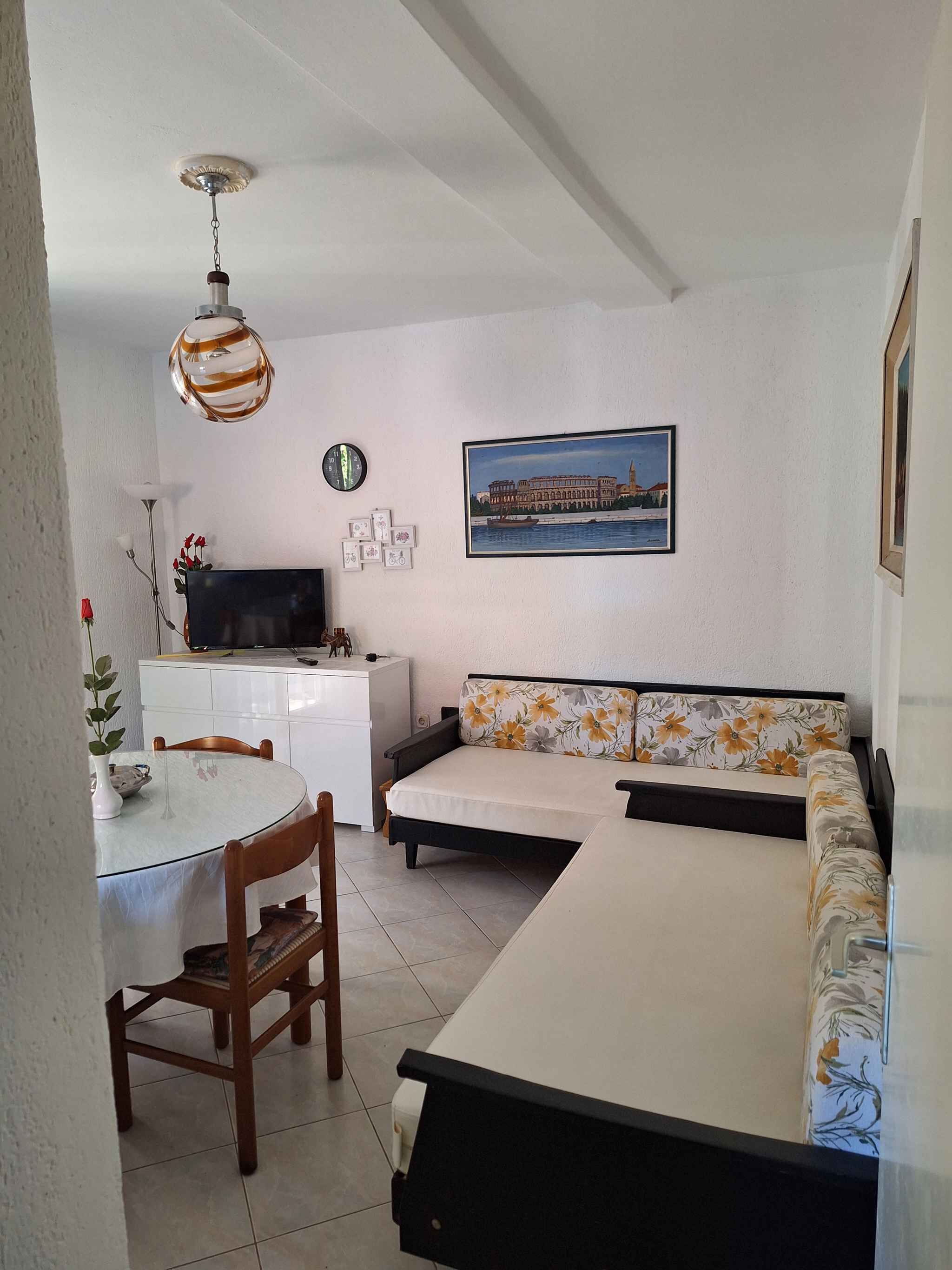 A living room with a sofa, a TV, a dining table with chairs, a decorative plant, and a painting on the wall.
