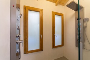 Shower, hair dryer, bidet, towels